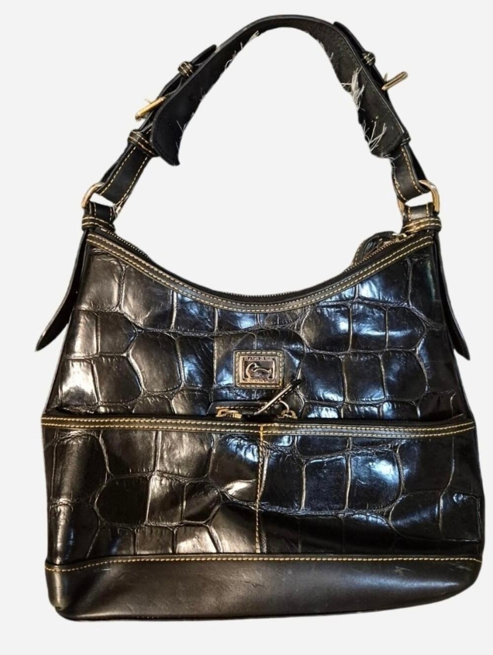 Vintage Dooney & Bourke Black Croc-Embossed Leather Hobo Bag.
